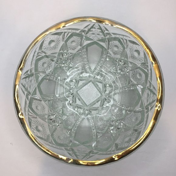 Vintage 1950s 8" Crystal Starburst Cut Glass Serving Bowl Gold Scalloped Rim - Picture 3 of 9